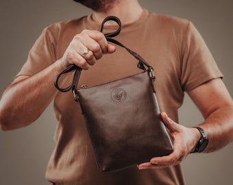 Handmade Brown Leather Crossbody Bag for Men, Small Messenger Shoulder Purse, Anniversary Gift for Husband, Birthday Gift for Boyfriend