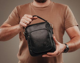 Men's Black Genuine Leather Crossbody Bag, Handmade Small Shoulder Hand Bag Organizer, Gift for Him