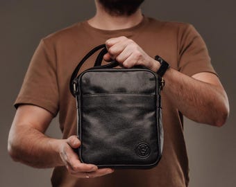 Mens Black Leather Crossbody Messenger Bag, Handmade Shoulder Satchel Organizer, Compact Everyday Travel Bag, Anniversary Gift for Husband