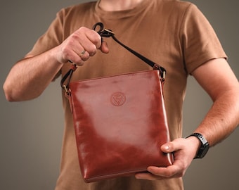 Unisex Cognac Semi Gloss Leather Crossbody Bag, Gift for Him Her, Cognac Leather Messenger Bag, Small Shoulder Travel Pack, Men Handbag