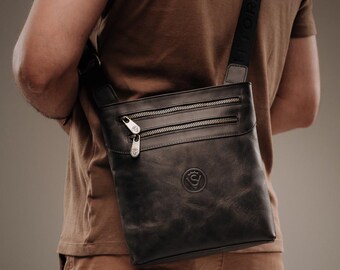 Men's Matte Black Leather Crossbody Messenger Bag, Vintage Leather Shoulder Bag with Zipper Pockets, Daily Work Travel Bag, Gift for Him
