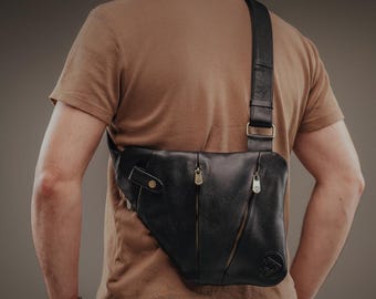 Men's Black Leather Tactical Sling Bag with Detachable Gun Holster, Conceal Carry Crossbody Chest Bag, EDC Holster Bag, Gift for Him