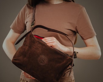 Brown Suede Shoulder Bag for Women, Handmade Genuine Leather Hobo Bag, Small Vintage Suede Purse, Aesthetic Everyday Gift for Her