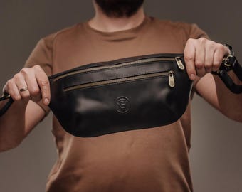 Men's Matte Black Leather Sling Bag with Red Lining, Handmade Genuine Leather Crossbody Waist Bag, Vintage Fanny Pack, Gift for Him