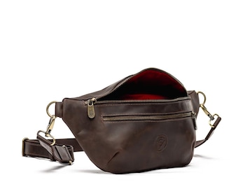 Men's Matte Brown Leather Sling Bag with Red Lining, Handmade Genuine Leather Crossbody Waist Bag, Vintage Fanny Pack, Gift for Him
