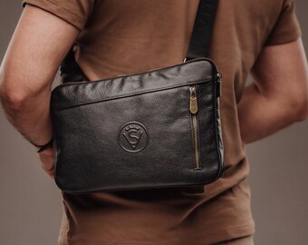 Men's Black Genuine Leather Crossbody Sling Bag, Handmade Shoulder Waist Bag Organizer, Small Leather Messenger Bag for Men