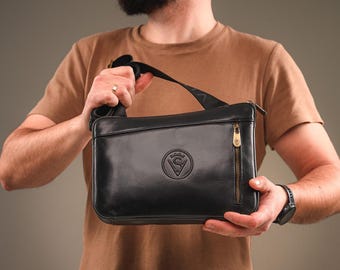 Men's Black Leather Crossbody Bag, Handmade Genuine Leather Shoulder Bag, Small Sling Organizer Purse, Minimalist Gift for Men