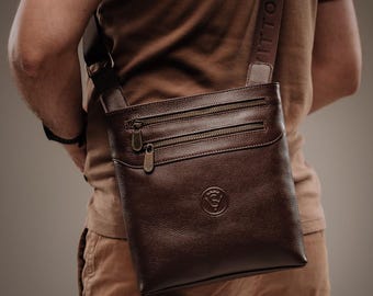 Men's Brown Leather Crossbody Messenger Bag, Handmade Genuine Leather Shoulder Bag with Pockets, Casual Work Travel Bag, Gift for Him