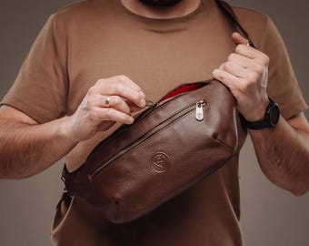 Men's Brown Genuine Leather Sling Bag with Red Lining, Handmade Crossbody Waist Bag, Stylish Leather Fanny Pack, Gift for Him
