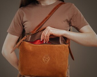 Cognac Suede Shoulder Bag for Women, Handmade Genuine Leather Hobo Bag, Warm Tan Suede Purse, Aesthetic Everyday Gift for Her