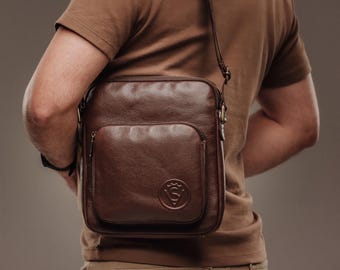 Men's Brown Pebbled Leather Crossbody Messenger Bag, Handmade Genuine Leather Shoulder Bag with Pocket, Everyday Travel Bag, Gift for Him