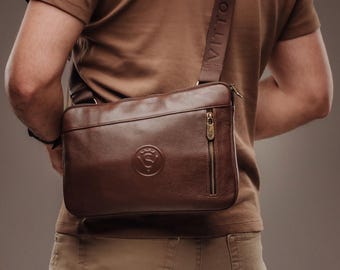 Mens Brown Leather Sling Bag, Small Crossbody Messenger Bag, Genuine Leather Travel Chest Pack, Anniversary Gift for Husband, Gift for Him