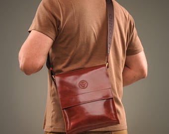 Men's Handmade Leather Crossbody Messenger Bag, Cognac Semi-Gloss Leather Shoulder Bag, Stylish Tan Leather Crossbody, Gift for Him