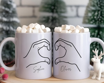 Matching Heart Hands Coffee Mug, Personalized Couple Mug, Custom Name Mug Set for Couples, Anniversary Gift, Valentine Gift, Christmas Gift