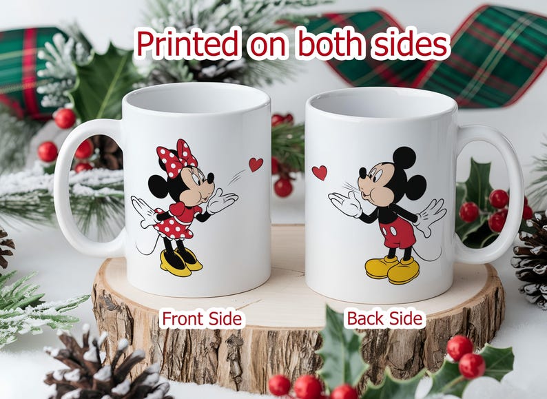 Matching white ceramic couple mugs featuring a Disney cartoon mouse boy and girl (Mickey and Minnie) facing each other with hearts.