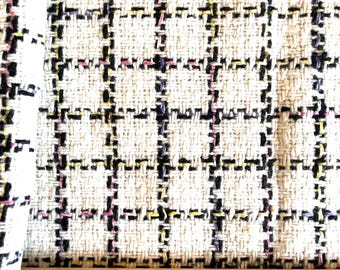 Ivory and Black Check Wool Blend Plaid Coating Fabric with Color Accents - 58” Width