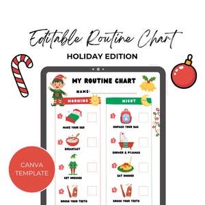 May include: A digital holiday routine chart with a red and white candy cane, a red bauble, and a Canva template logo. The chart includes illustrations for morning and night activities, such as making the bed, eating breakfast, and brushing teeth.