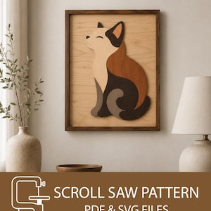 May include: A wooden wall art piece featuring a layered cat silhouette in shades of cream, brown, and black, framed in dark wood. The text at the bottom reads SCROLL SAW PATTERN PDF & SVG FILES, accompanied by a white icon of a scroll saw machine.