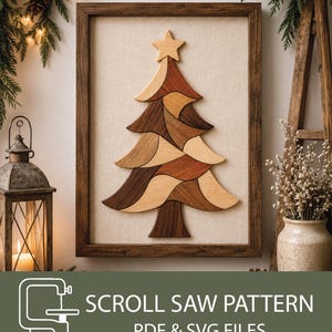May include: A framed wall art piece featuring a wooden Christmas tree made of interlocking segments in varying shades of brown, light tan, and cream, topped with a star. The text below reads SCROLL SAW PATTERN PDF & SVG FILES.
