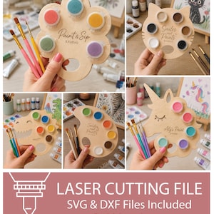 Op de afbeelding: Een collectie houten verfpaletten in diverse vormen zoals een bloem, kat, dinosaurus en een eenhoorn, elk voorzien van ronde uitsparingen voor verfpotjes van 3 ml en 5 ml. De paletten zijn gegraveerd met teksten zoals Paint & Sip Studio en Aly's Paint, en worden geleverd met kleine penselen.