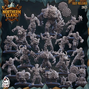 Peut inclure: Ensemble de figurines miniatures grises représentant des guerriers et des créatures, avec le texte "Northern Clans" et "July Release 2025". Les figurines sont de différentes tailles et poses, certaines tenant des armes ou des boucliers.