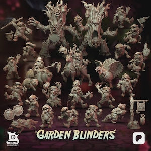 Op de afbeelding: Een verzameling fantasie miniaturen, waaronder boomachtige figuren, kabouters en boswezens. De figuren staan in verschillende poses, sommige berijden dieren of dragen gereedschap. De tekst "Garden Blinders" staat onderaan de afbeelding.