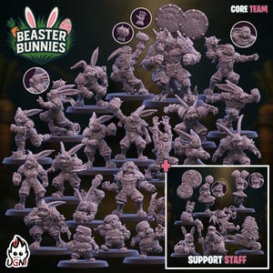 May include: A collection of miniature figurines, featuring anthropomorphic rabbits in various poses. The figures are primarily gray, with some details highlighted. The set includes figures labeled "Core Team" and "Support Staff", with the "Beaster Bunnies" logo.