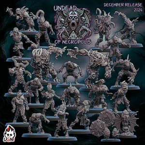 Op de afbeelding: Een verzameling gedetailleerde, grijze miniatuurfiguren van ondode wezens, waaronder zombies en monsters. De figuren zijn gerangschikt op platforms, met de woorden "UNDEAD OF NECROPOLIS" en "DECEMBER RELEASE 2024" zichtbaar. Het UGN-logo staat linksonder.