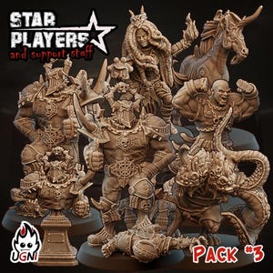 Peut inclure: Ensemble de figurines fantastiques marron détaillées. Les figurines représentent des guerriers, des monstres et une créature ressemblant à une licorne. Le texte "STAR PLAYERS and support staff" et "PACK #3" sont visibles.