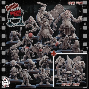 May include: A selection of grey miniature figurines, including goblins and monsters, with the text "Goblin Horror Movies" and "Core Team" and "Support Staff". The figurines are on individual bases and vary in size and pose, some holding weapons.