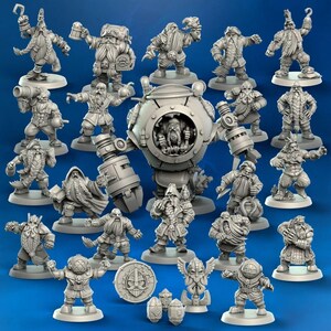 May include: A selection of grey miniature dwarf figurines in diverse poses, including a large mechanical dwarf. Some dwarves hold weapons, mugs, or wear hats. The figurines are on individual circular bases, with a few additional decorative pieces.