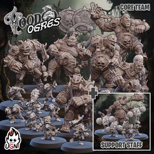 Peut inclure: Une collection de figurines Good Ogres, comprenant des personnages de l'équipe principale et du personnel de soutien. Les figurines sont dans diverses poses, avec des armures et des armes détaillées. Le texte "Good Ogres", "Core Team" et "Support Staff" est inclus.