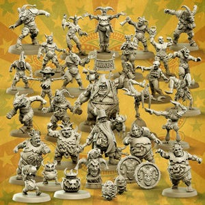 Puede incluir: Una colección de figuras de circo en miniatura grises, que incluyen bufones, forzudos y otros personajes fantásticos. Las figuras están dispuestas sobre un fondo amarillo con un diseño temático de circo. Un letrero que dice "Circus" es visible.