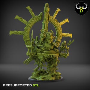 May include: A green 3D-printed model of a fantasy throne with intricate details. The throne features a central figure, a large circular halo, and multiple smaller figures. The base reads "PRESUPPORTED STL".