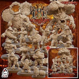 Op de afbeelding: Een verzameling miniatuurbeeldjes, waaronder dwergen, soldaten en een groot boomachtig monster. De beeldjes staan in verschillende poses en staan op individuele bases. De afbeelding bevat de tekst "LOU The Conquistadors" en "Support Staff".