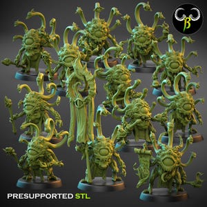 Peut inclure: Plusieurs figurines vertes sur le thème de la fantaisie, chacune avec un grand œil central, de multiples tentacules et divers accessoires. Les figurines sont sur des socles noirs, avec le texte "PRESUPPORTED STL" en bas.