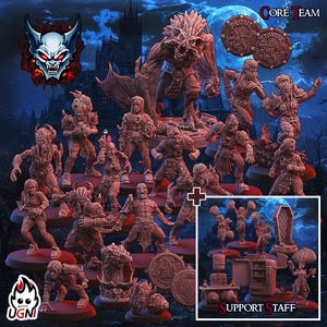Op de afbeelding: Een verzameling miniatuurbeeldjes, waaronder een groot monster, diverse mensachtige figuren en tokens. De figuren zijn in bruin- en roodtinten, met de woorden "CORE TEAM" en "SUPPORT STAFF" zichtbaar. De achtergrond toont een donkere nachthemel.