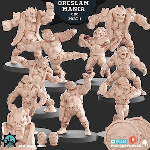Puede incluir: Una colección de figuras de Orcos de color beige en varias poses de acción, incluyendo un busto y varios modelos de cuerpo completo. El texto "ORCSLAM MANIA" y "ORC PART 1" se muestran en la parte superior. La imagen también incluye el texto "JANUARY 2026" y "TRIBES PRE-SUPPORTED".