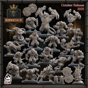 Op de afbeelding: Een verzameling grijze miniatuurbeeldjes van antropomorfe ratachtige wezens, sommige met wapens en bepantsering. De afbeelding bevat de tekst "October Release 2025" en het logo "Ironwhiskers".