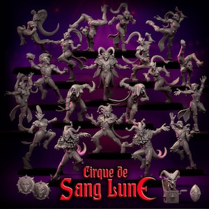 Könnte beinhalten: Eine Sammlung grauer Miniaturfiguren in verschiedenen dynamischen Posen, darunter akrobatische Stellungen und Narren. Die Figuren sind auf gestaffelten Plattformen vor einem lila Hintergrund angeordnet. Der Text "Cirque de Sang Lune" ist unten in Rot dargestellt.