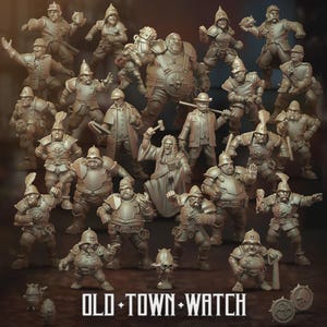 Könnte beinhalten: Eine Sammlung von Miniaturfiguren in verschiedenen Posen, die Charaktere in historischer oder Fantasy-Kleidung darstellen. Die Figuren sind hauptsächlich in Grautönen gehalten und weisen Details wie Helme, Rüstungen und Waffen auf. Der Text "OLD TOWN WATCH" ist unten.