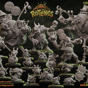 May include: A selection of grey, 3D-printed fantasy miniatures, featuring goblin-like creatures, coins, and a snail-like mount. The "Rotlings" logo is visible, alongside text indicating they are ready to print.