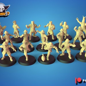 May include: A set of miniature figurines, possibly for tabletop gaming. The figures are in various poses and share a consistent colour. Each figure is mounted on a black base. The image includes the text "CALAVERED3D" and a Patreon logo.