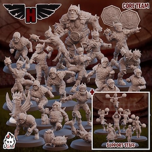 Op de afbeelding: Een verzameling miniatuurbeeldjes die een fantasy footballteam uitbeelden. De figuren staan in verschillende actieposities en dragen gedetailleerde harnassen en helmen. De set bevat een groot, gespierd figuur en een kleinere groep cheerleaders. Het logo "H" met vleugels is zichtbaar.