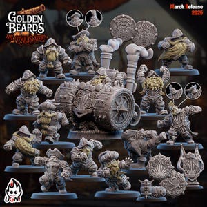 Op de afbeelding: Een verzameling miniatuur dwergfiguren, met gedetailleerde harnassen en baarden. De figuren staan in verschillende poses, sommige met wapens, en maken deel uit van de serie "Golden Beards: The Conquistadors". Inclusief een stoomvoertuig en munten.