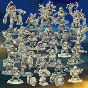 Peut inclure: Une collection de figurines miniatures fantastiques, comprenant des nains, des créatures ressemblant à des arbres et d'autres personnages fantastiques. Les figurines sont dans diverses poses et sont posées sur des socles circulaires individuels. La couleur est un gris neutre.