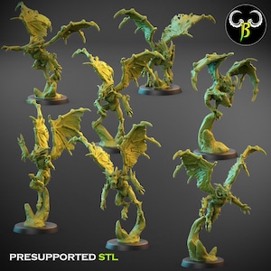 May include: A collection of green, winged demon figurines in various poses. Each figure has detailed wings and stands on a small base. The text "PRESUPPORTED STL" is at the bottom, indicating the models are ready for 3D printing.