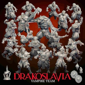 May include: A selection of grey miniature figures, depicting vampires and warriors in dynamic poses. The image features the red text "DRAKOSLAVIA VAMPIRE TEAM" at the bottom, accompanied by decorative elements.