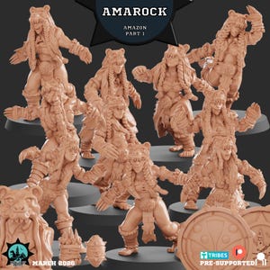 May include: A group of beige Amazon warrior figurines, each wearing bear headdresses and detailed attire. The figures are in dynamic poses, suggesting action. The image includes the text "AMAROCK AMAZON PART 1" and "MARCH 2026".