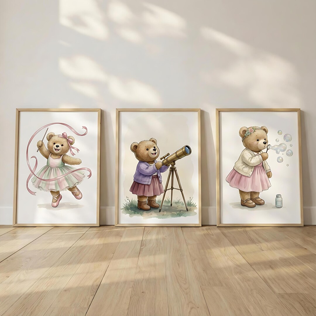 Teddy Bear Nursery Wall Art Set of 3 | Vintage Creative Bear Prints ...